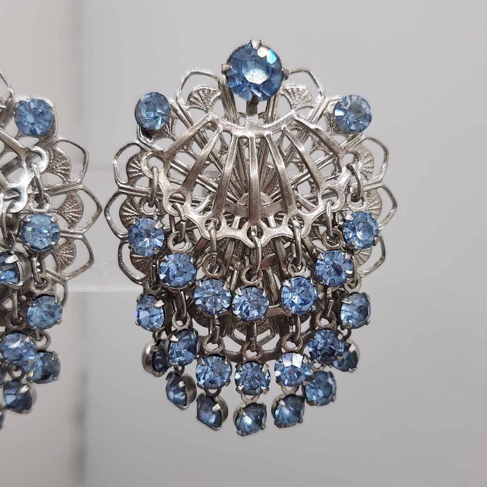 Vintage Sky Blue Rhinestone Silver Filigree Waterfall Clip On Earrings RetroGlam - Picture 4 of 10